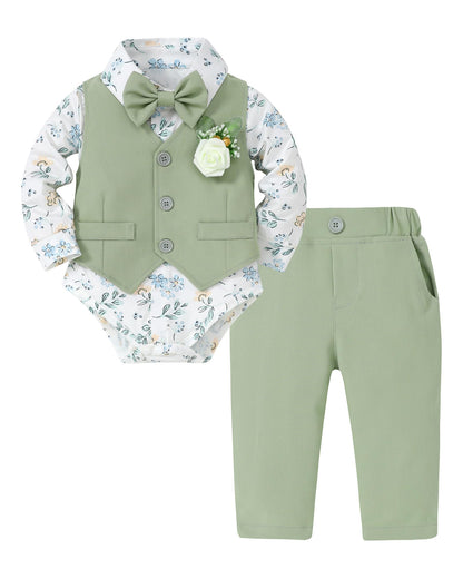 SANMIO Baby Boy Clothes Suits Infant Gentleman Outfit Collared Dress Shirt+Vest+Tie+Corsage+Pants 5Pcs Baby Suit Sets
