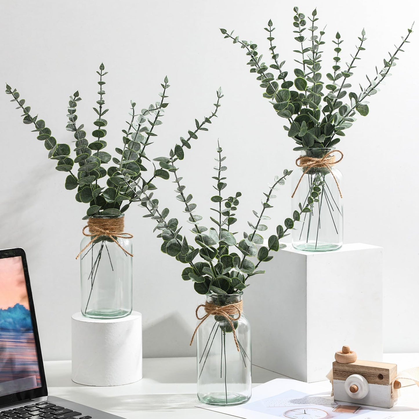 4 Pack Artificial Eucalyptus Stems in Glass Vase 15 Inch Fake Plants Eucalyptus Potted Fake Plant with Double-Sided Green Leaves for Desk,Farmhouse,Wedding,Home,Office Decor(Classical)