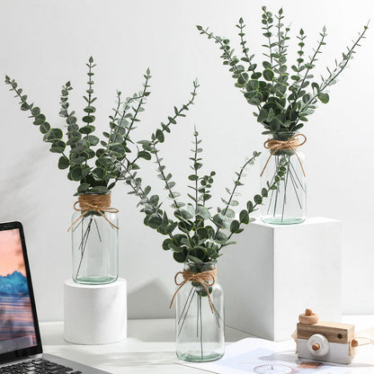 4 Pack Artificial Eucalyptus Stems in Glass Vase 15 Inch Fake Plants Eucalyptus Potted Fake Plant with Double-Sided Green Leaves for Desk,Farmhouse,Wedding,Home,Office Decor(Classical)