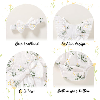 YOUNGER TREE Newborn Baby Girl Clothes Ruffle Sleeve Rompers Infant Backless Floral Jumpsuit Summer Outfits with Headband