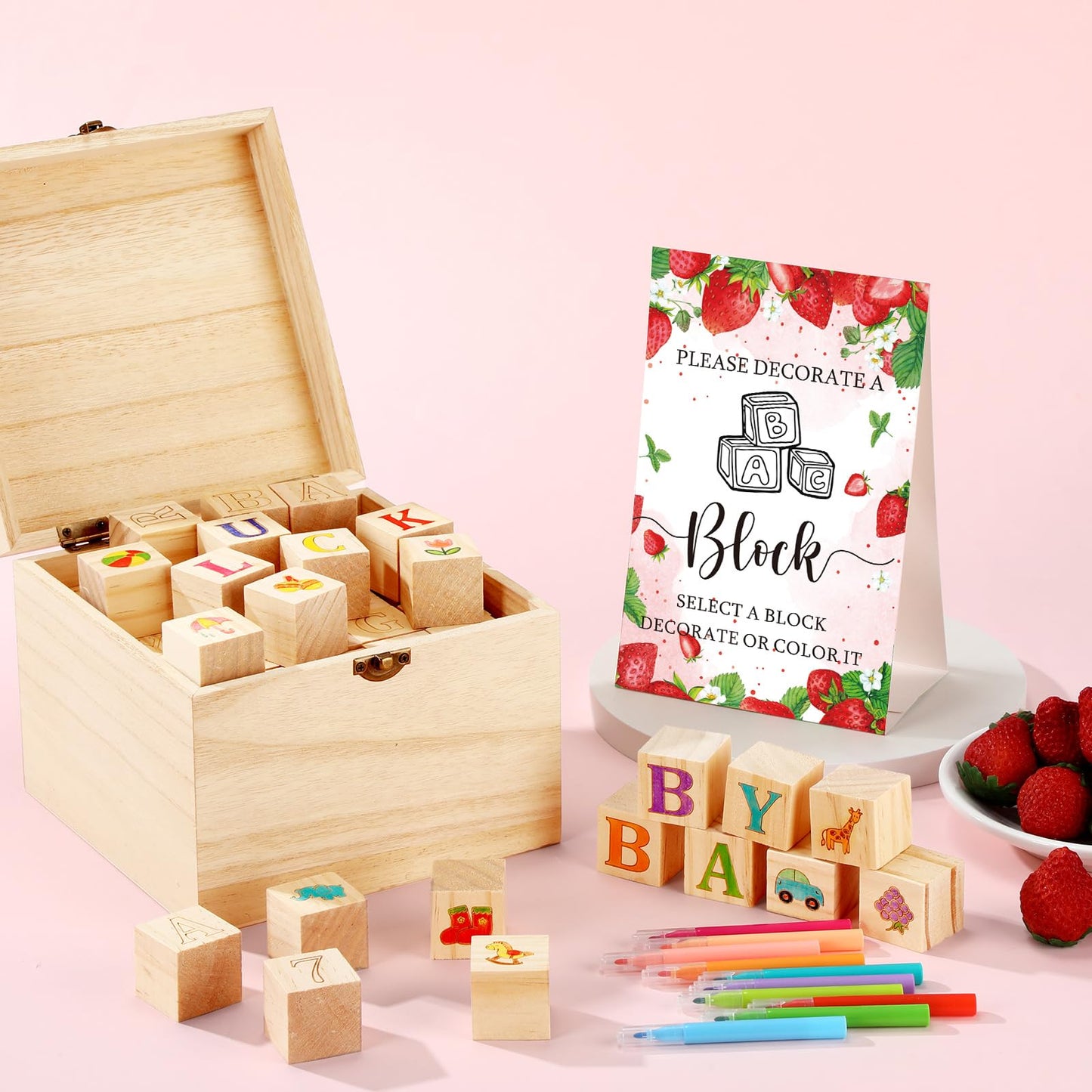 Marsui 136 Pcs Baby Shower Blocks to Decorate Game Kit Includes 98 Wooden Blocks, 36 Markers, 1 Game Sign, 1 Storage Box for Baby Shower Gender Reveal Activity Party Decorations(Pink Elephant)