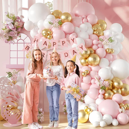 136pcs Pink and White Gold Balloon Arch Garland Kit with Pink White Metallic Gold Balloons for Birthday Bridal Baby Shower Decorations