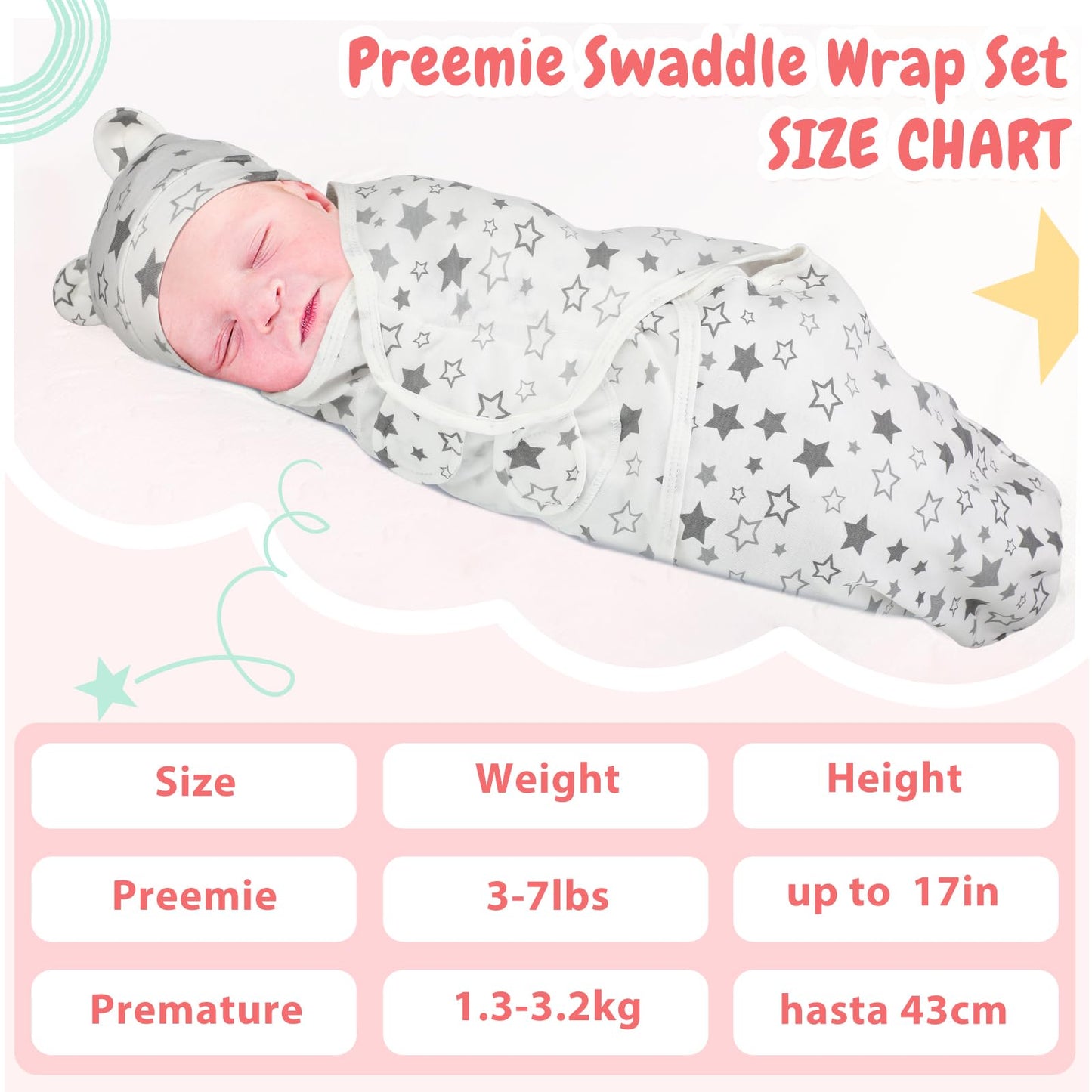 Buryeah 4 Pack Preemie Swaddle Blanket Wrap Set with Hat for Baby Boys Girls 3-7 Lbs Preemie Newborn Clothes Sleepers Cap