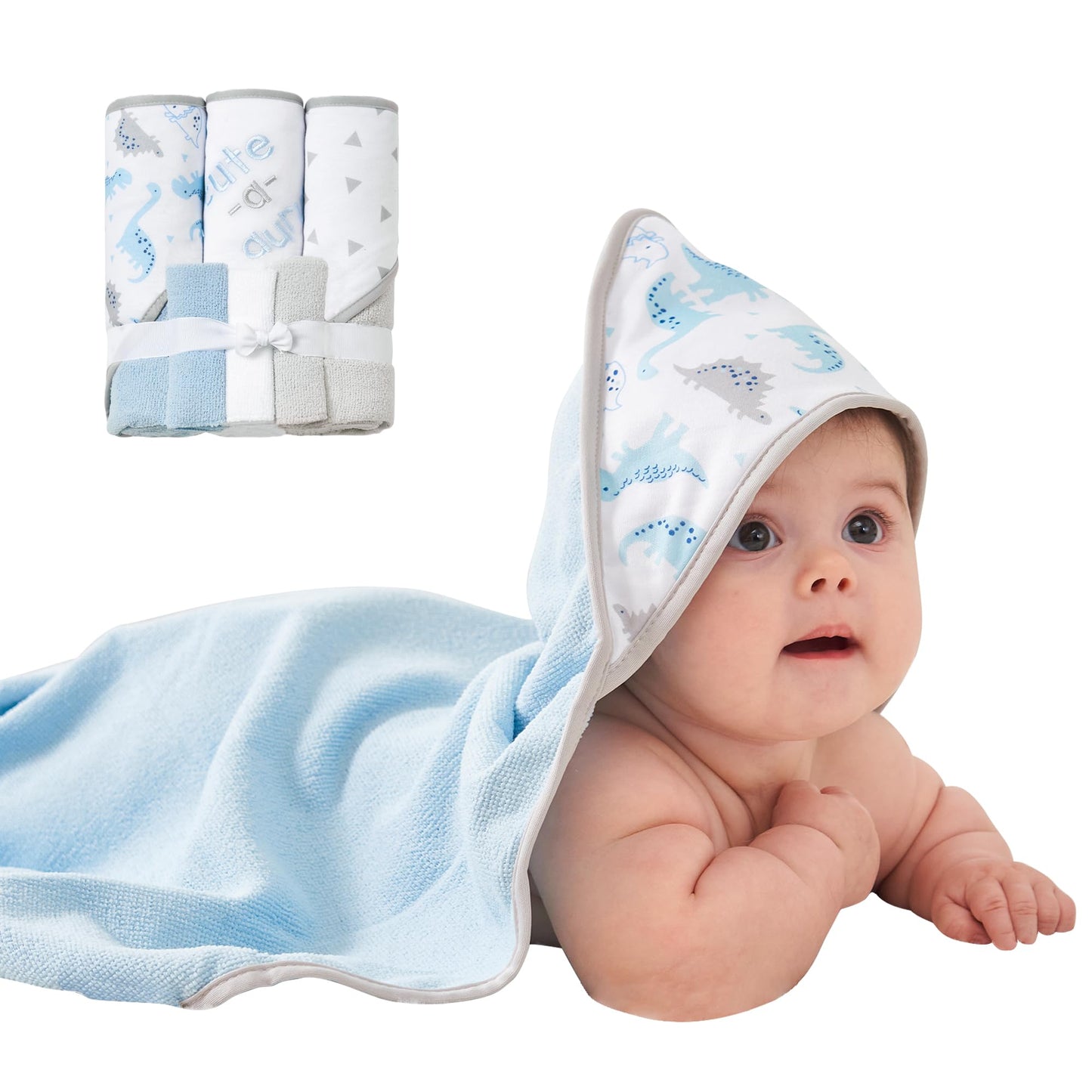 Viviland Baby Towels and Baby Wash Cloths Set Hooded Baby Towels Baby Wipes Absorbent Bath Face Towels Burp Cloths or Face Towels for Girl Boy 6-Pack Size 28 x 28 Inch(Elephant Flower)