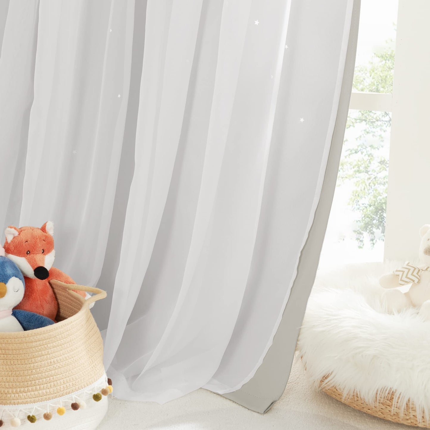 NICETOWN Nursery Curtains for Kids, Farmhouse Blackout Curtain Panels for Bedroom, Double Layer Star Hollow-Out Grommet Aesthetic Living Room Toddler Window Curtains, 2 Pcs, W52 x L84, Biscotti Beige
