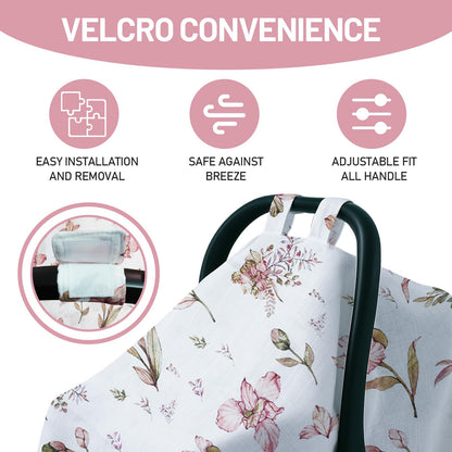 100% Muslin Summer Baby Car Seat Cover, Universal Fit Infant Car Seat Canopy, Breathable & Lightweight Sun, Weather Protection for Boys & Girls