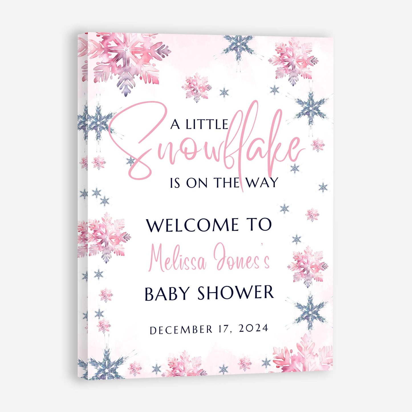 Personalized A Little Snowflake Is On The Way Welcome Sign, Pink, Girl, Winter Baby Shower Canvas