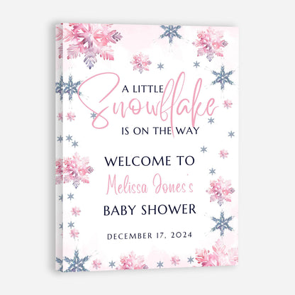 Personalized A Little Snowflake Is On The Way Welcome Sign, Pink, Girl, Winter Baby Shower Canvas