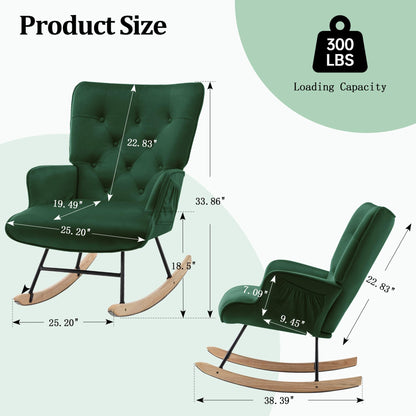 Rocking Chair for Nursery, Comfy Velvet Fabric Glider Rocker, Reading Chair with Support Seating and Side Pockets, Rocking Recliner Chair for Living Room, Bedroom, Balcony, Creamy Beige