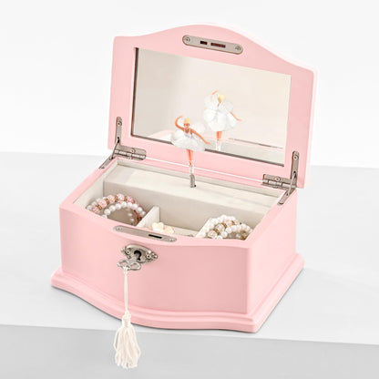 Wooden Musical Jewelry Box for girls with Mirror and Key Lock, Gift for Kids on Birthdays and Holidays (Pink, Small) (Beige, Small)