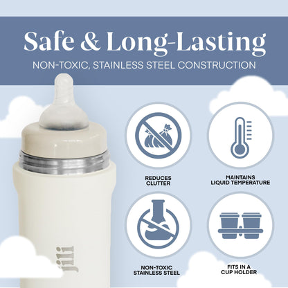Jili All-in-One Baby Bottle, Insulated Stainless Steel Bottle with Formula Container, Anti-Colic Nipple, and Leak-Proof Lid, Baby Essentials for Travel, BPA and Phthalates-Free, Almond, 11 oz.