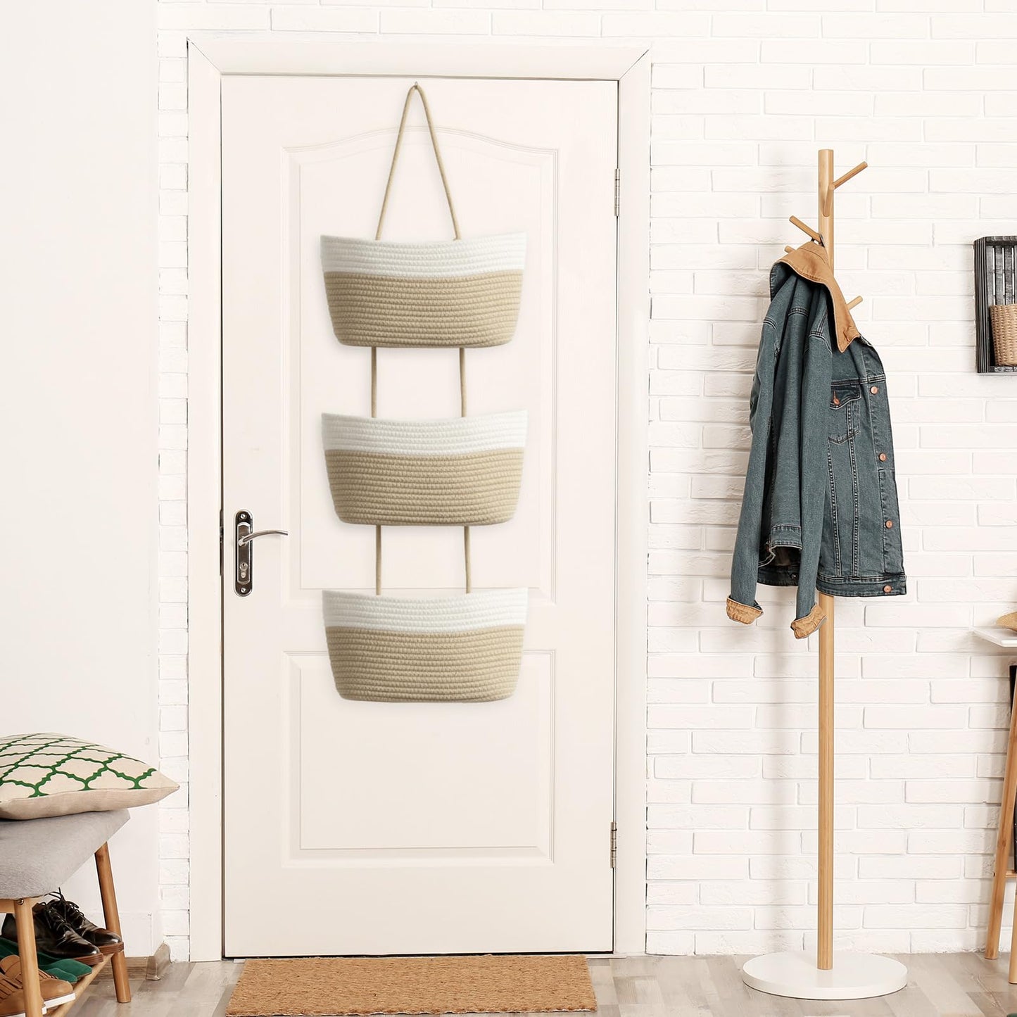 TeoKJ Over the Door Hanging Basket, 3-Tier Woven Cotton Wall-Mounted Storage Organizer Bag Decorative Hanging Nursery Baskets - Jute