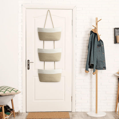 TeoKJ Over the Door Hanging Basket, 3-Tier Woven Cotton Wall-Mounted Storage Organizer Bag Decorative Hanging Nursery Baskets - Jute