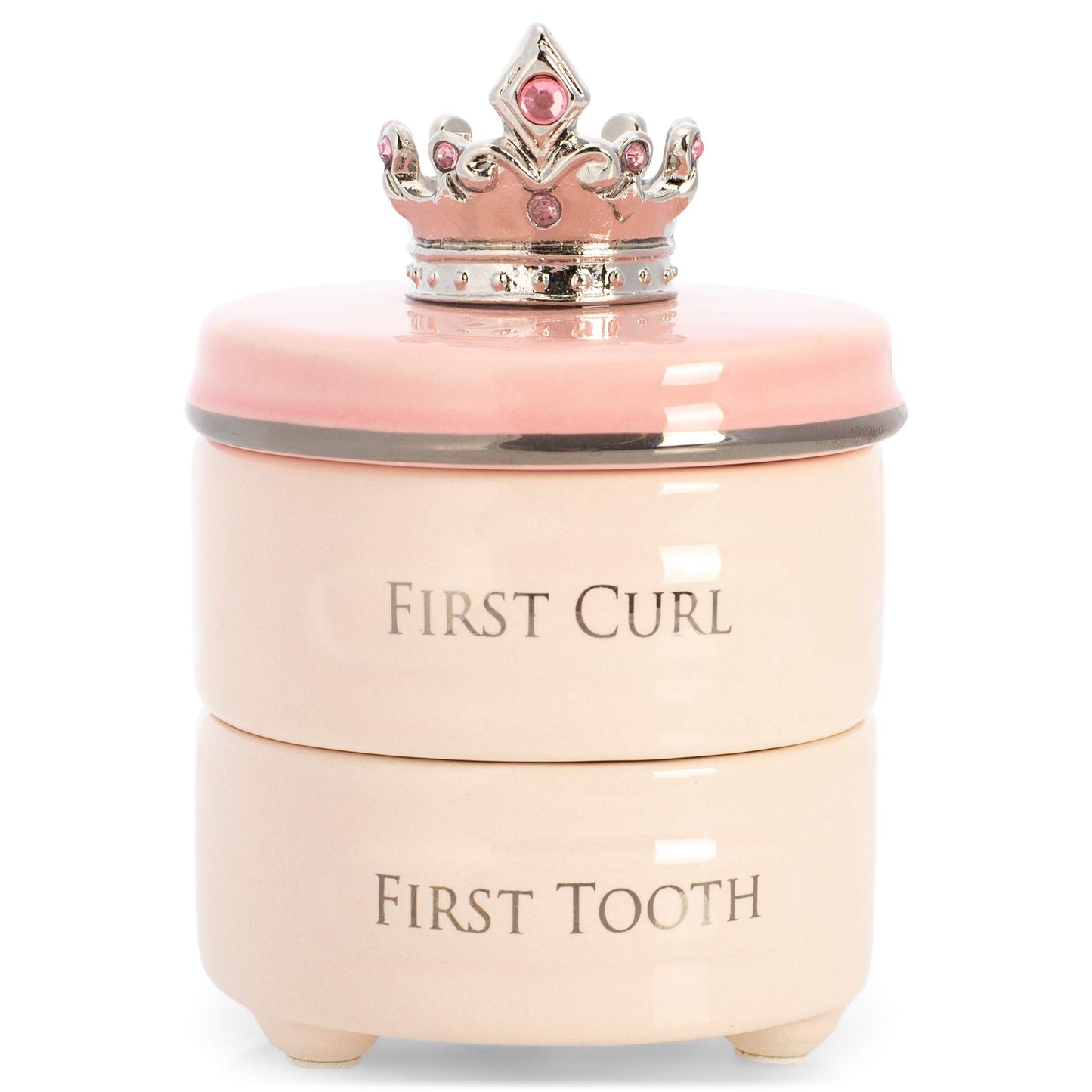 DEMDACO First Tooth and Curl Pink Ceramic Stoneware Children's Stackable Keepsake Box, 1 Count (Pack of 1)