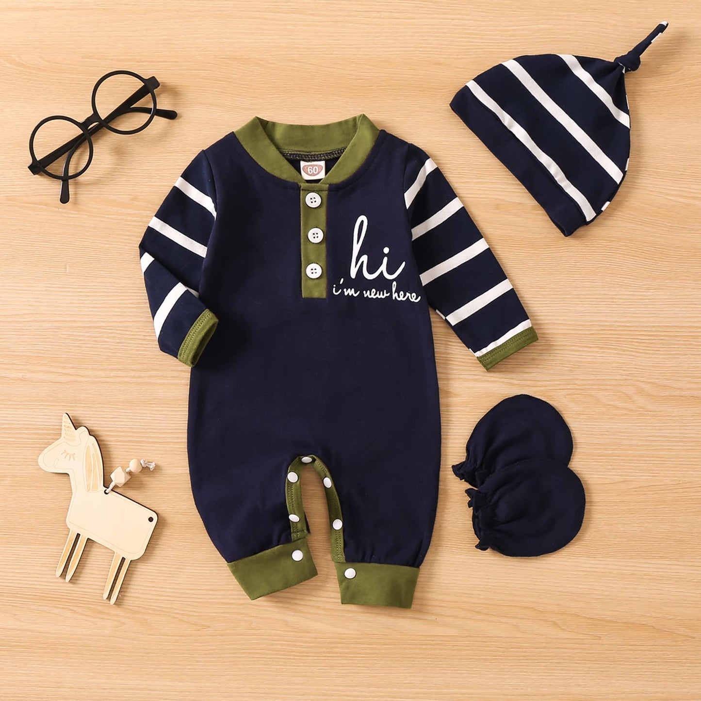 GRNSHTS Newborn Baby Boy Romper Coming Home Outfits Letter Print Bodysuit Jumpsuit+Hat+Gloves 3PCS Clothes Set