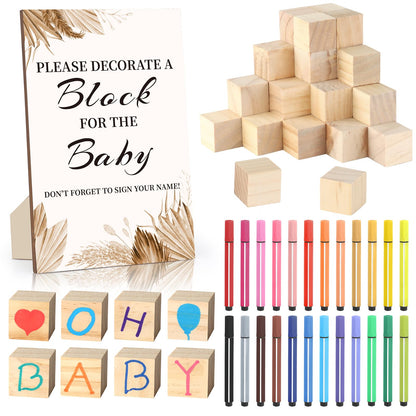 Baby Shower Games Sign Kit with 50 Blank Wooden Baby Blocks, 24 Acrylic Paint Marker and Wooden Sign, Blocks for Baby Shower, Gender Reveals Party(Green)