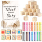 Baby Shower Games Sign Kit with 50 Blank Wooden Baby Blocks, 24 Acrylic Paint Marker and Wooden Sign, Blocks for Baby Shower, Gender Reveals Party(Green)
