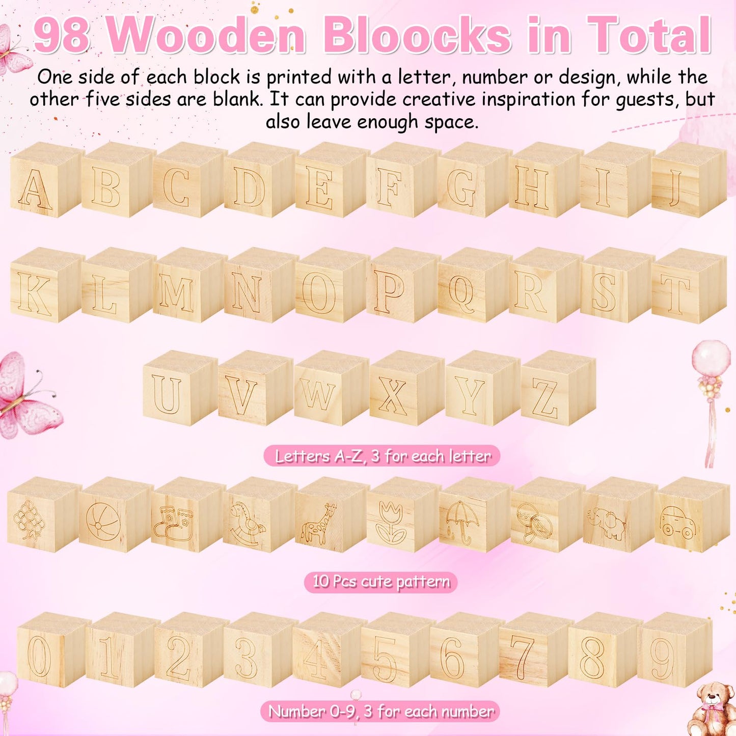 Marsui 136 Pcs Baby Shower Blocks to Decorate Game Kit Includes 98 Wooden Blocks, 36 Markers, 1 Game Sign, 1 Storage Box for Baby Shower Gender Reveal Activity Party Decorations(Pink Elephant)