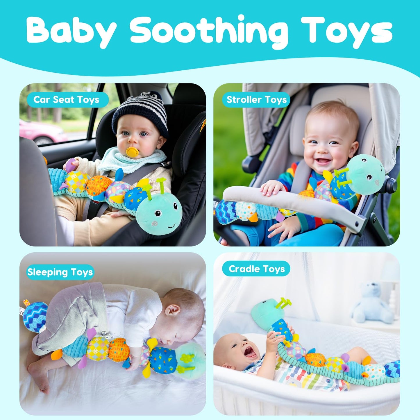Baby Sensory Toy 0-6 Month Music Animal Stuffed Plush Caterpillar Toy for Infant 0-3-6 Month Tummy Time with Baby Mirror Crinkle Rattle for 6-12 Month Carseat Toy for Newborn Boys Girls Shower Gifts