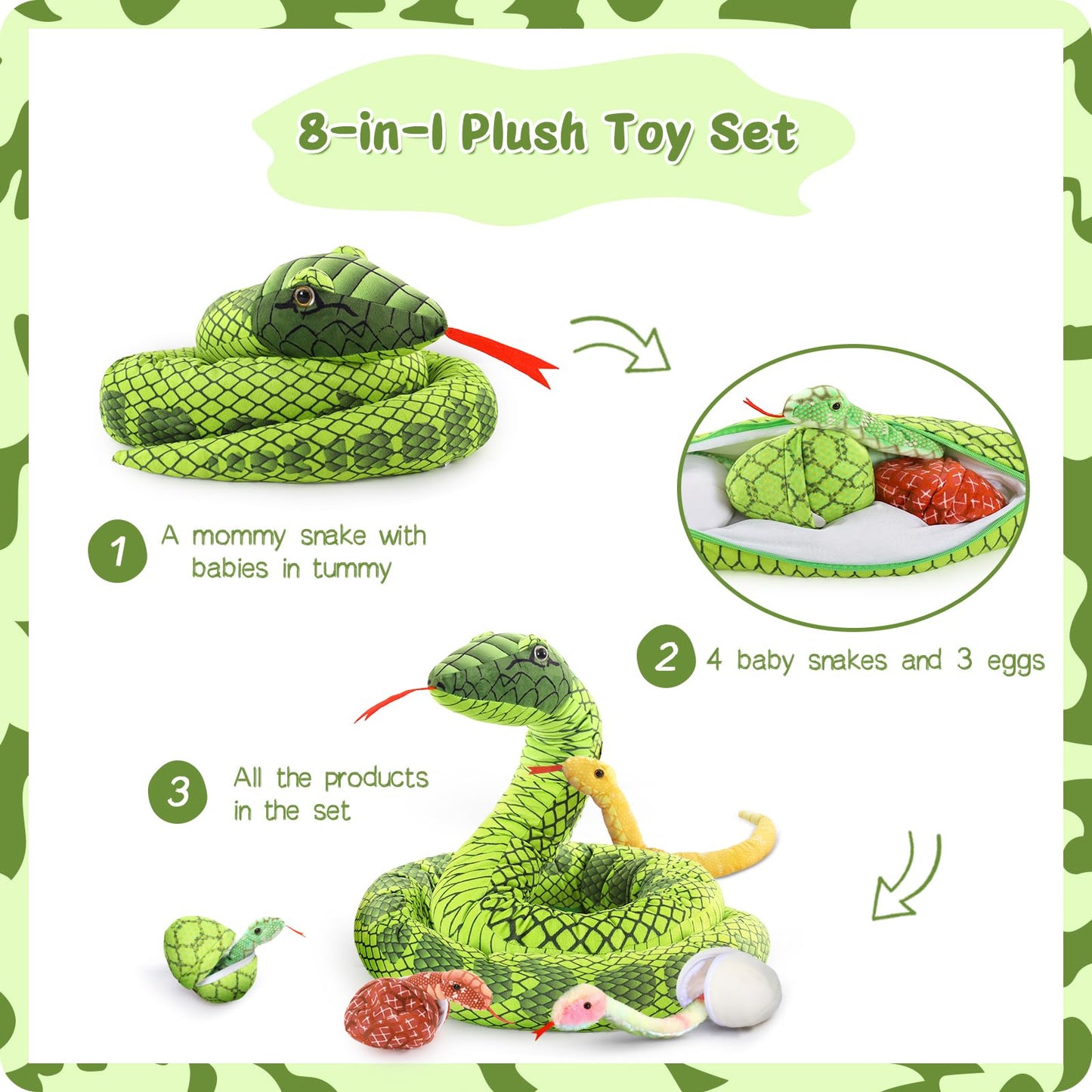 MorisMos Snake Stuffed Animals Plush Toy 120 Inch Giant Snake Plush with Babies Stuffed Snake Toys for Kids Plush Party Decorations Favors Prank Props, 4 Snake Babies, 3 Snake Eggs