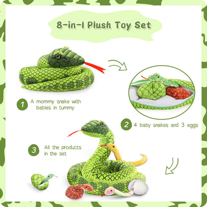 MorisMos Snake Stuffed Animals Plush Toy 120 Inch Giant Snake Plush with Babies Stuffed Snake Toys for Kids Plush Party Decorations Favors Prank Props, 4 Snake Babies, 3 Snake Eggs
