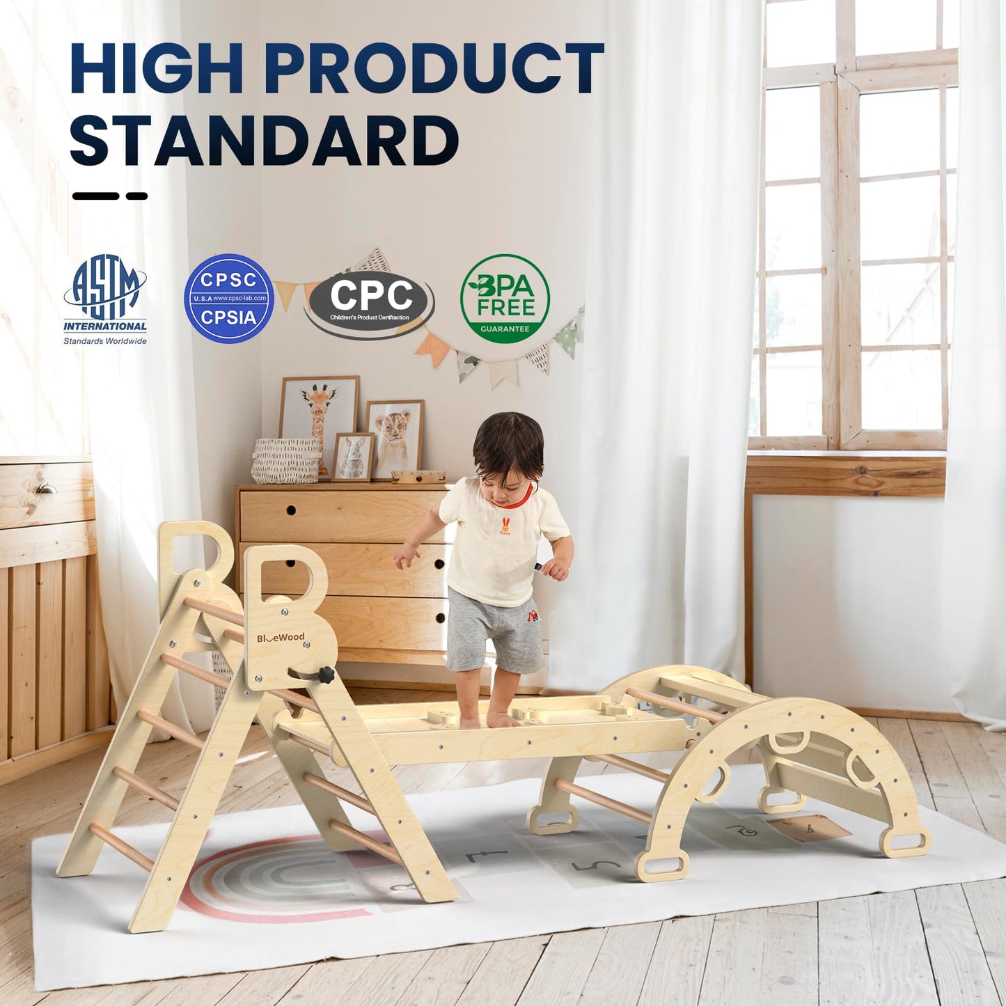 BlueWood Pikler Triangle Set 7-in-1 Foldable Baby Climbing Wooden Toys with Arch&Ramp&Ladder Climber Indoor Jungle Gyms for Toddlers - Rainbow