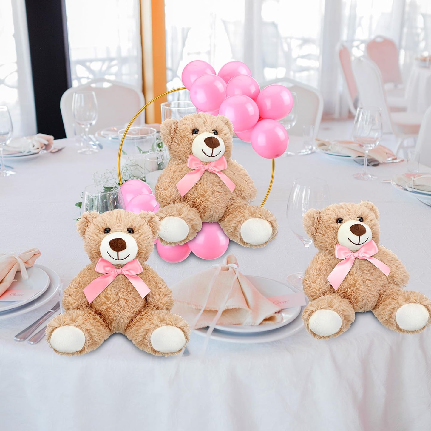 6 Sets Bear Baby Shower Table Centerpieces Bear Stuffed Animals 12 Inch Metal Floral Hoop with Stand Balloon for Wedding Baby Shower Birthday Flowers Table Decorations(Brown)
