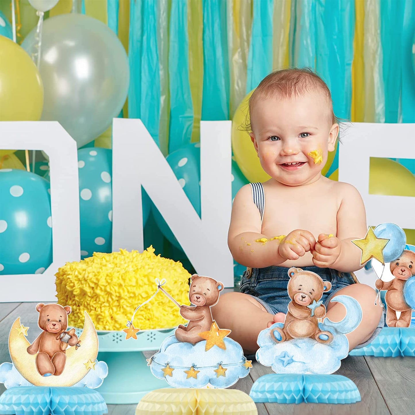 Tarklanda 9 Pcs Bear Baby Shower Honeycomb Centerpieces for Boys Party Decorate,Little Bear Balloons Cutouts Table Topper Honeycomb 3D Table Decoration for Kids Baby Shower Birthday Party Supplies