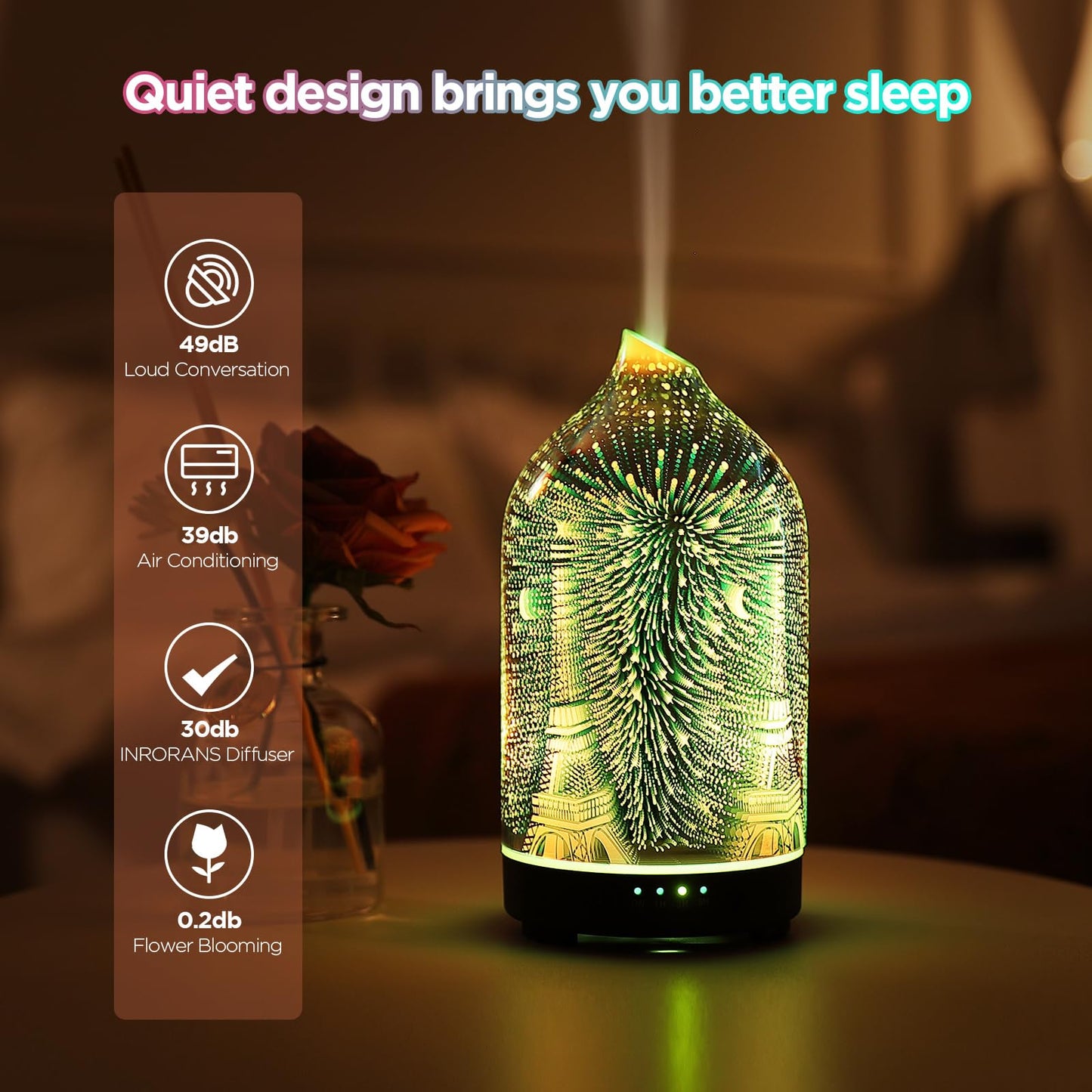 Essential Oil Diffuser Hand Blown Glass Aromatherapy Diffuser - Ultrasonic Cool Mist Scent Aroma Diffuser, Whisper Quiet with Auto Shut-Off, Timer Setting &7 Colors Night Light for Home