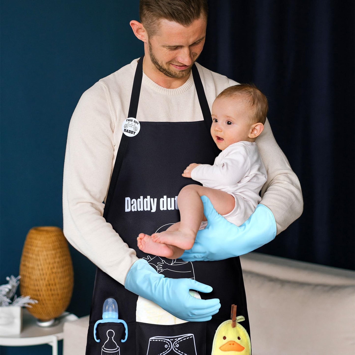 7 Pcs Daddy Duty Apron Diaper Duty Apron New Dad Gifts for Baby Shower Gender Reveal First Time New Dad Gifts (Black,Classic)
