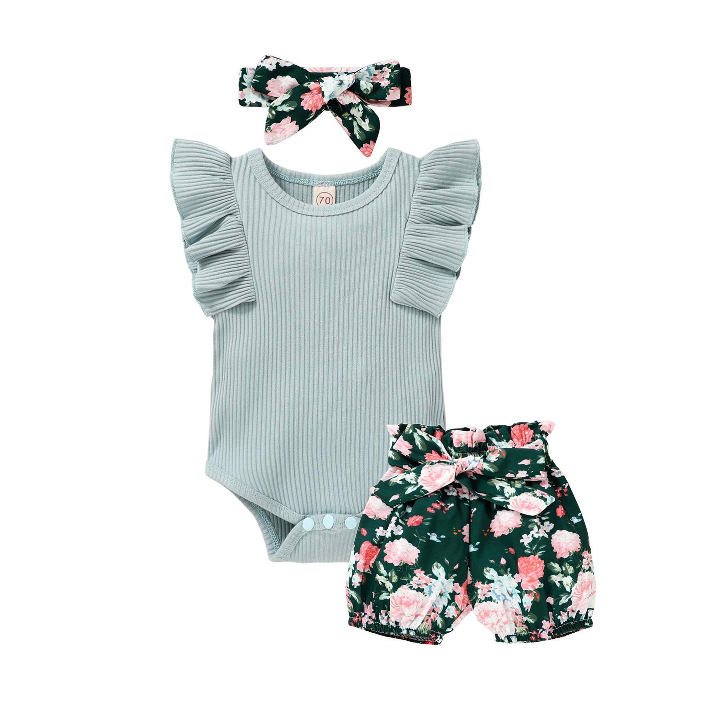 Tiny Cutey Baby Girl Clothes Infant Summer Outfits Set Ruffle Sleeve Romper and Floral Shorts with Headband