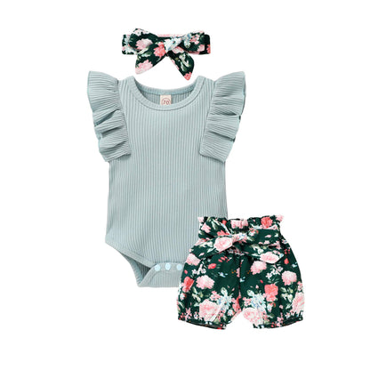 Tiny Cutey Baby Girl Clothes Infant Summer Outfits Set Ruffle Sleeve Romper and Floral Shorts with Headband