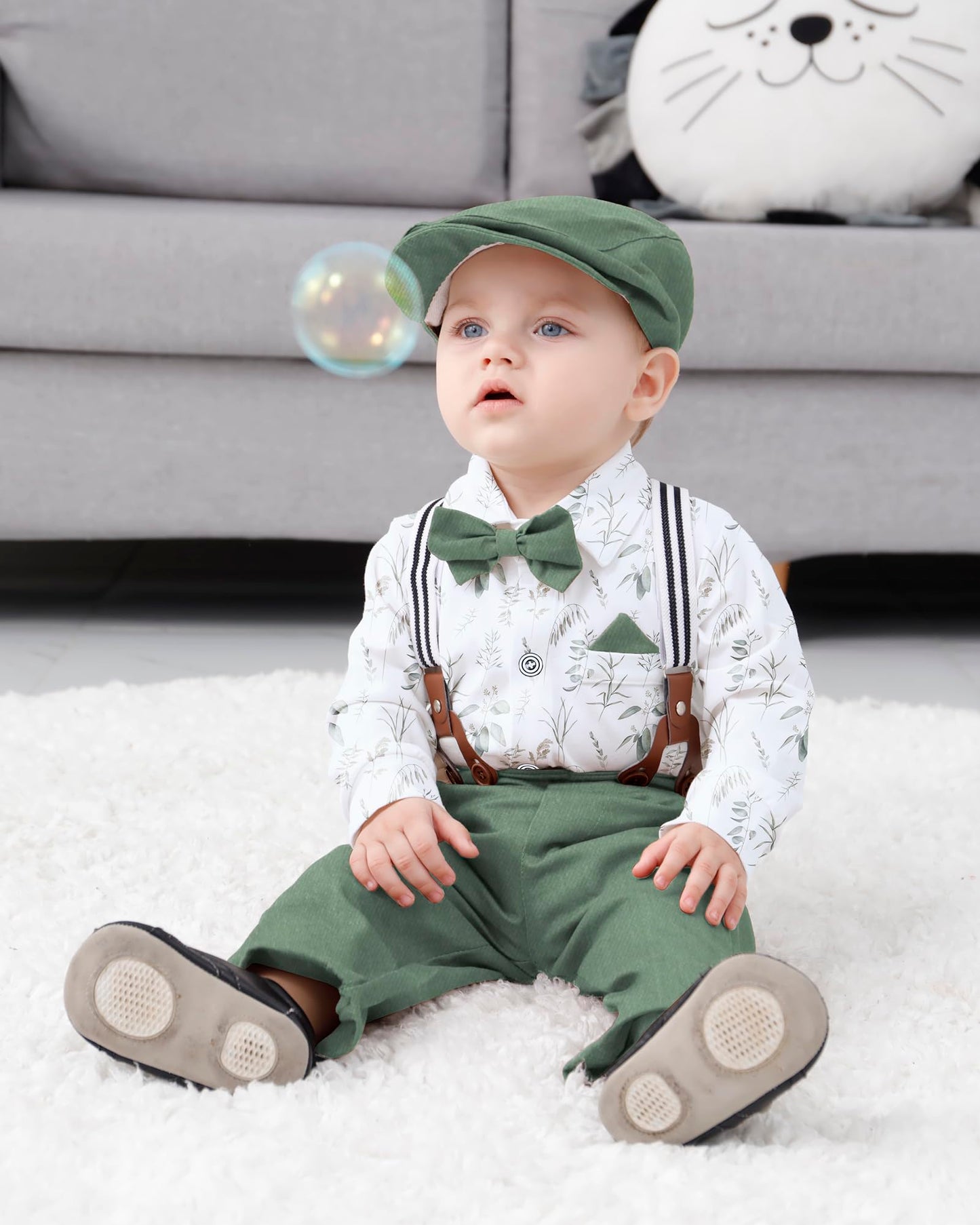 WESIDOM Baby Boy Clothes 0-18M Newborn Infant Gentleman Outfit, Shirt+Bowtie+Beret+Suspender Pant Baby boy Suit Clothing Set