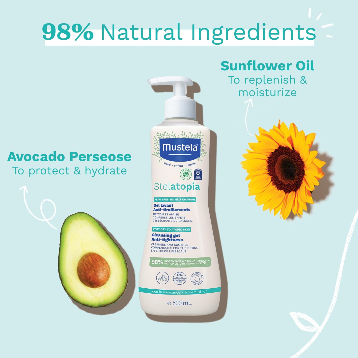 Mustela Stelatopia Eczema-Prone Skin Cleansing Gel - Baby Face & Body Wash with Natural Avocado & Sunflower Oil - Fragrance-Free & Tear Free - Various Sizes