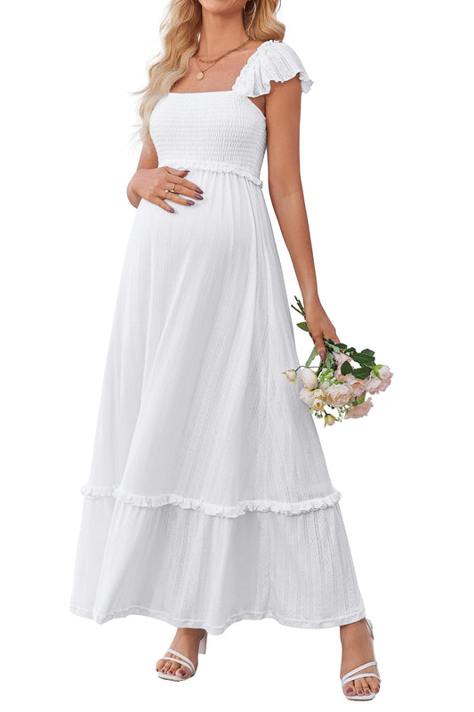 OUGES Womens 2025 Summer Maternity Photoshoot Dress Boho Maxi Smocked Baby Shower Dress Ruffle Sleeve Maternity Clothes