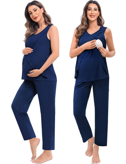SWOMOG Maternity Nursing Robe Set 3 PCS Postpartum Breastfeeding Pajamas Hospital Pregnancy Pjs Double Layer Lounge Set