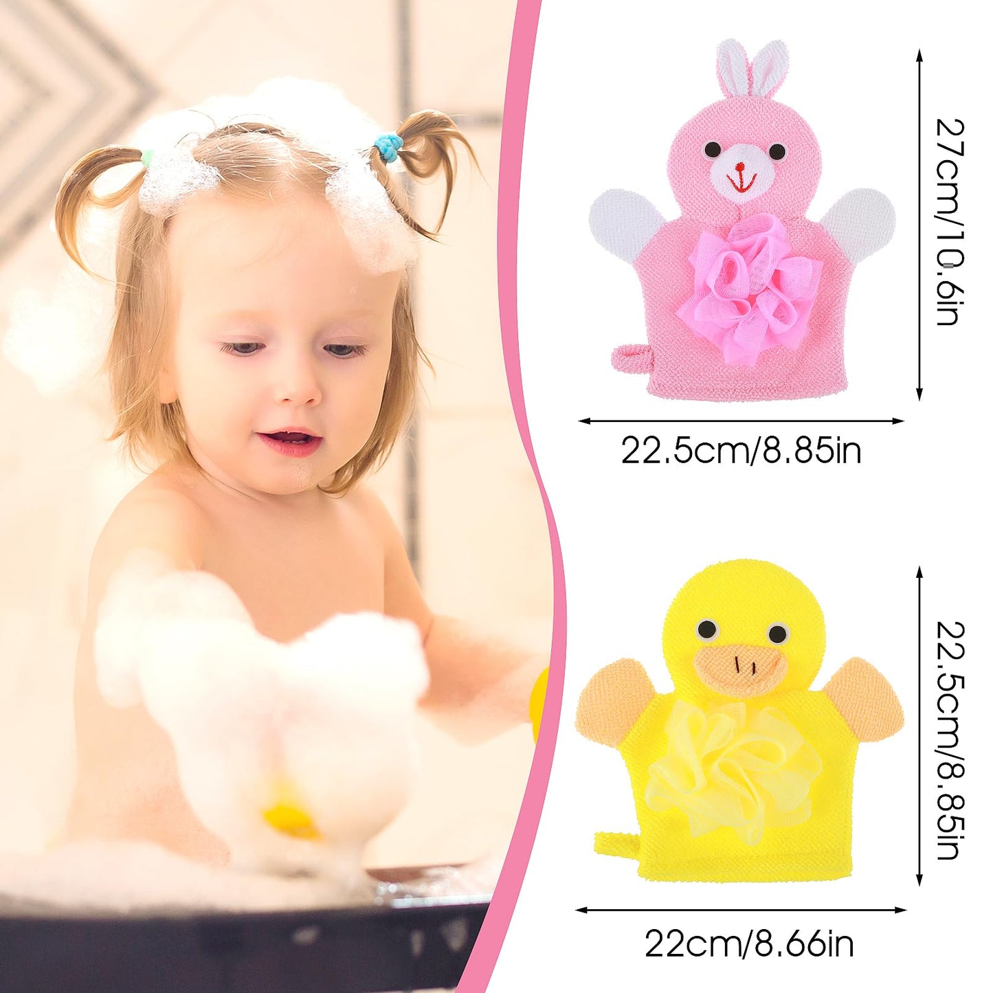 2 Pcs Bath Mitt Washcloths Gloves, Cute Cartoon Exfoliating Glove Body Scrubber, Gentle Soft Scrub Bath Loofahs Sponges for Kids Shower Washing (Pink Rabbit and Yellow Duck)