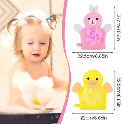 2 Pcs Bath Mitt Washcloths Gloves, Cute Cartoon Exfoliating Glove Body Scrubber, Gentle Soft Scrub Bath Loofahs Sponges for Kids Shower Washing (Pink Rabbit and Yellow Duck)
