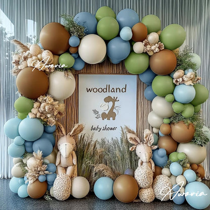 Blue Green Brown Balloon Garland Double Stuffed Dusty Blue Sage Green Balloons Olive White Sand Latex Balloon Arch Kit for Bear Baby Shower Birthday Woodland Wild One Party Decorations