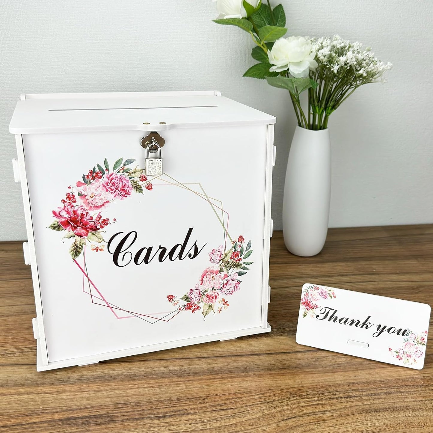 White Wedding Card Box with Lock, Gift Wedding Card Boxes for Reception Money Holder with Rose Sign for Wedding Decorations, Baby Showers, Birthdays, Bridal or Graduation Party Supplies
