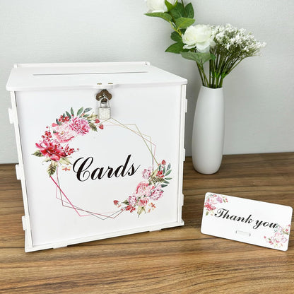 White Wedding Card Box with Lock, Gift Wedding Card Boxes for Reception Money Holder with Rose Sign for Wedding Decorations, Baby Showers, Birthdays, Bridal or Graduation Party Supplies