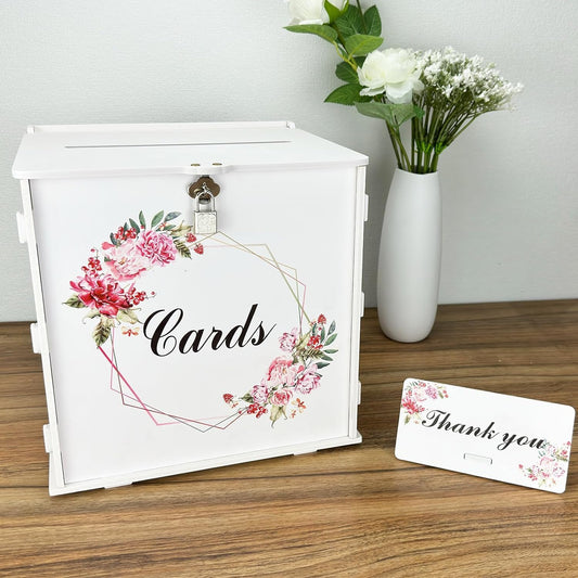 White Wedding Card Box with Lock, Gift Wedding Card Boxes for Reception Money Holder with Rose Sign for Wedding Decorations, Baby Showers, Birthdays, Bridal or Graduation Party Supplies