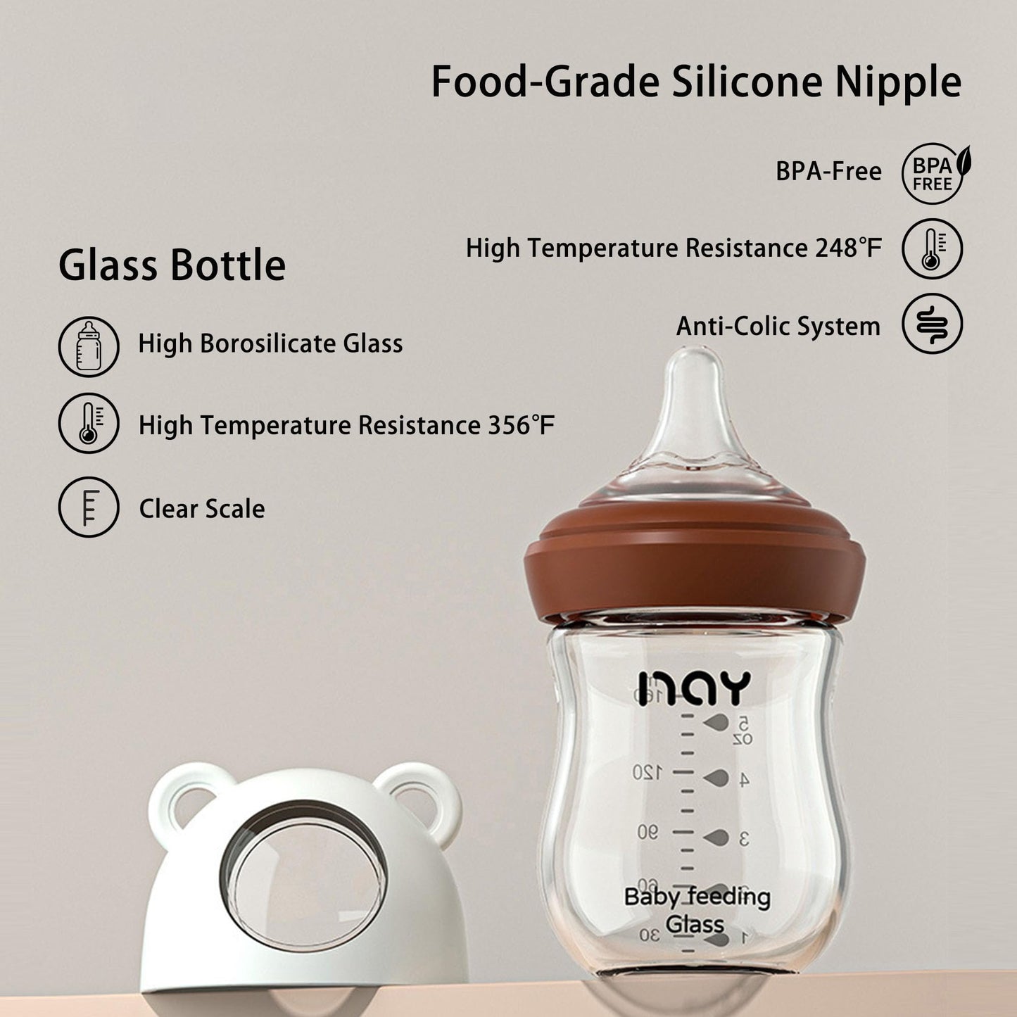 Natural Glass Baby Bottle for Breastfeeding Babies, 5.4oz Anti-Colic Baby Bottle with Natural Response Nipple(S), Clear, Wide Neck, 2 Pack, 1 Months+