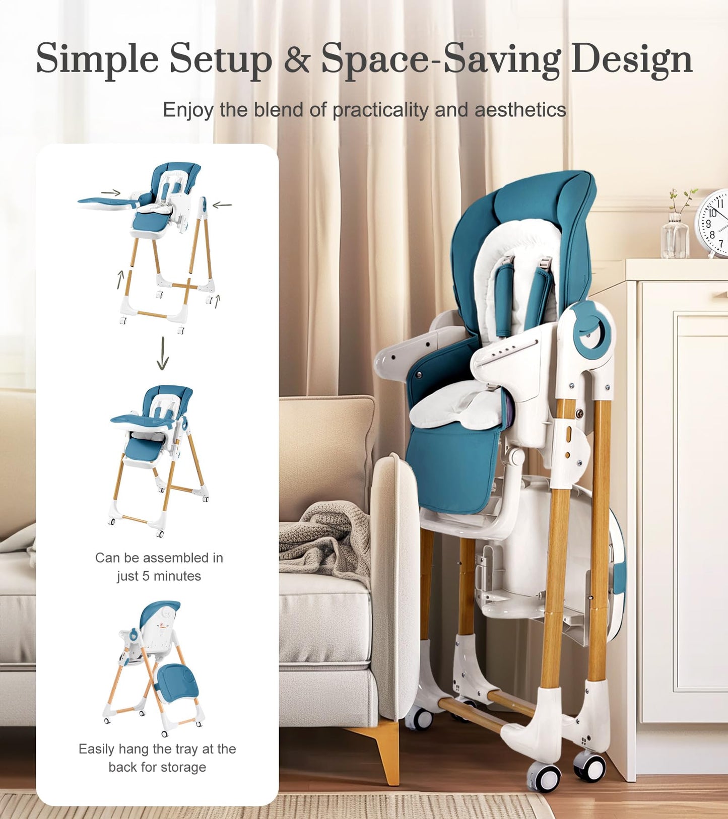 Convertible High Chairs for Babies and Toddlers, Height Adjustable Baby High Chair, High Chair with Removable Tray, Adjustable Backrest and Pedal, Portable Baby Dinning Chair with Lockable Wheels