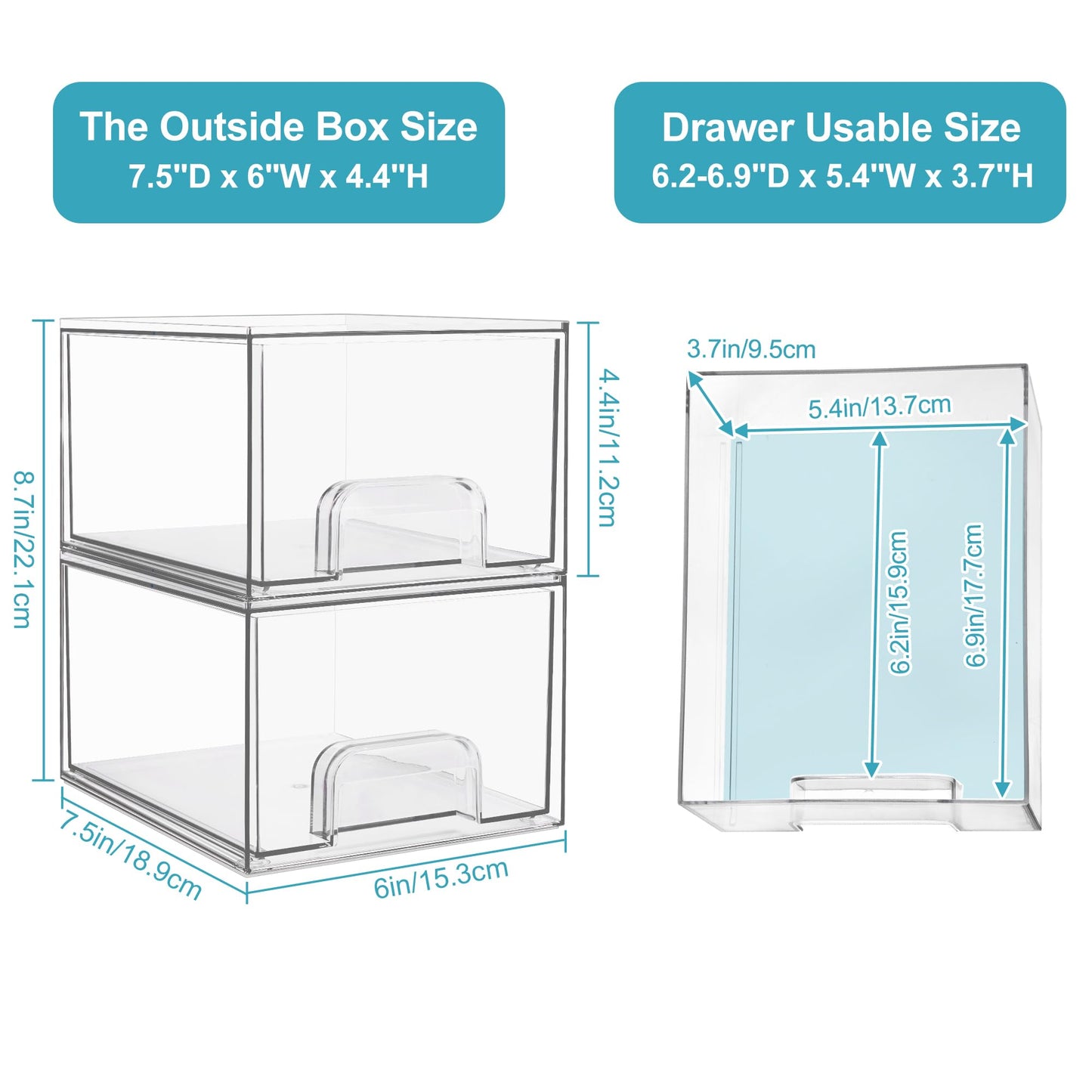 Vtopmart 2 Pack Clear Stackable Storage Drawers, 4.4'' Tall Acrylic Bathroom Makeup Organizer,Plastic Storage Bins For Vanity, Undersink, Kitchen Cabinets, Pantry, Home Organization