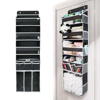 Door Hanging Storage Organizer,with 3 Bins 1 Movable Baby Diaper Caddy,1 Large capacity diaper stacking storage Organizer,10 Side Pockets ,Bedroom Door Storage for Nursery Baby Essentials. (Beige)