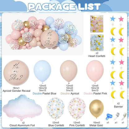Amandir 185Pcs Gender Reveal Decorations, Double-Stuffed Pastel Pink and Blue Brown Nude Balloon Arch Kit White Cloud Hanging Moon Star Garland Boho Neutral Boy or Girl Bear Baby Shower Party Supplies