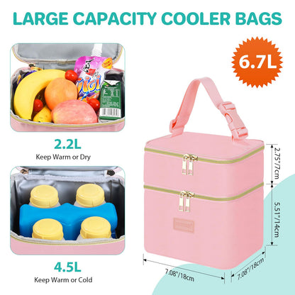 PIIOSER Baby Bottle Tote Bag with Ice Pack, Fits 4 Baby Bottles Up to 9 Ounce, Small Insulated Breastmilk Cooler Travel Bag with Shoulder Strap for Nursing & Working Mom Daycare (Cream-S)