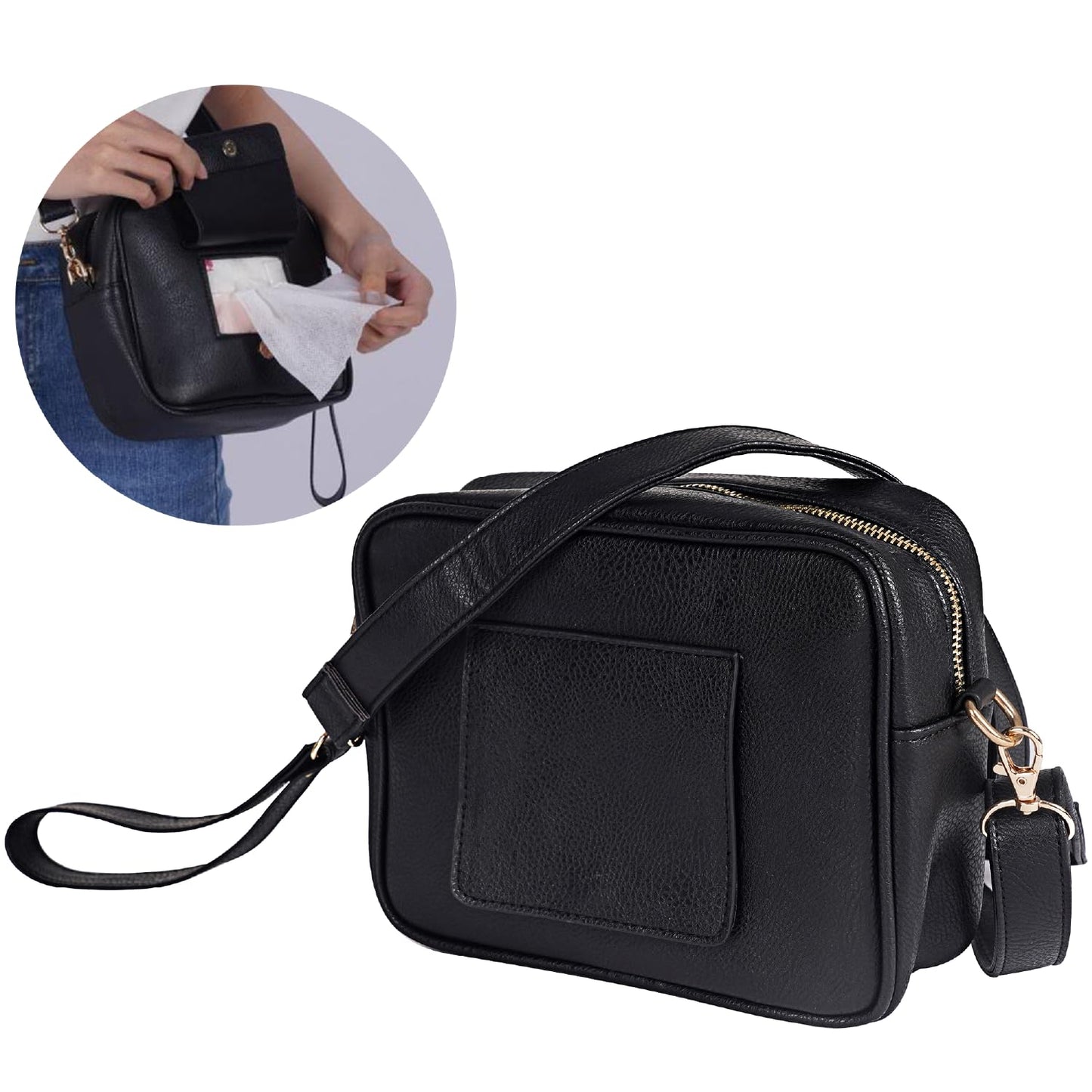 Crossbody Diaper Bag Purse with Wipes Dispenser - Stylish Vegan Leather Baby Wipes Holder Clutch for Women - Multipurpose Luxury Diaper Bag Pouch Can Hold 20-30 Various Types of Wipes - Pink