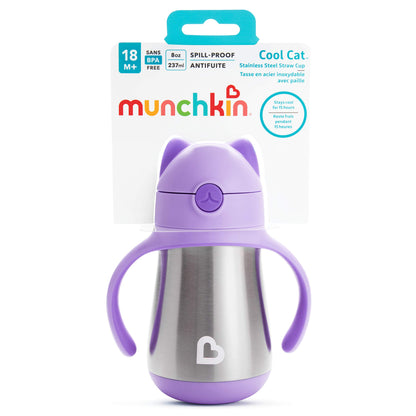 Munchkin Cool Cat Sippy Cup for Toddlers, Stainless Steel Straw Cup, 8 Ounce, Pink